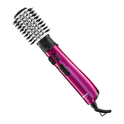 Escova giratória com corpo rosa, botões pretos, cabeçote branco com cerdas pretas