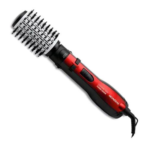 Escova rotativa com corpo vermelho, botões pretos, cabeçote branco e cerdas pretas