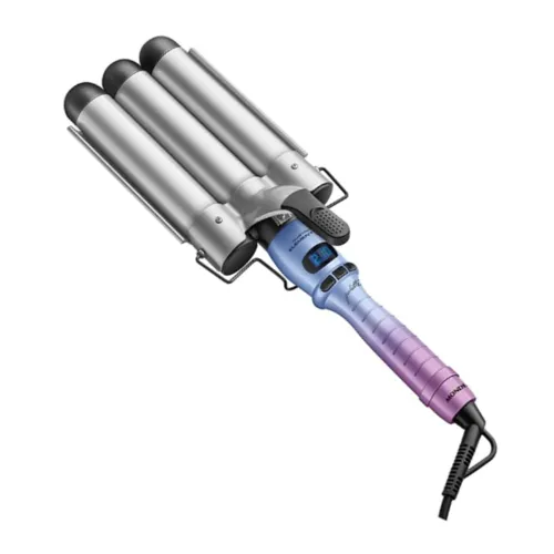 Modelador com 3 tubos, visor de temperatura e empunhadura azul e rosa