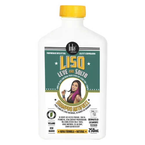 Pote de shampoo para cabelo liso pequeno com rótulo branco e verde e tampa amarela