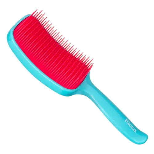 Escova de cabelo raquete retangular, com cerdas vermelhos e cabo azul