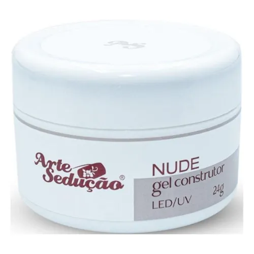 Pote de gel para unhas de rótulo branco e vermelho e tampa branca