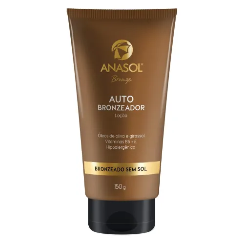 Bisnaga de creme para bronzear grande, de rótulo marrom e tampa preta