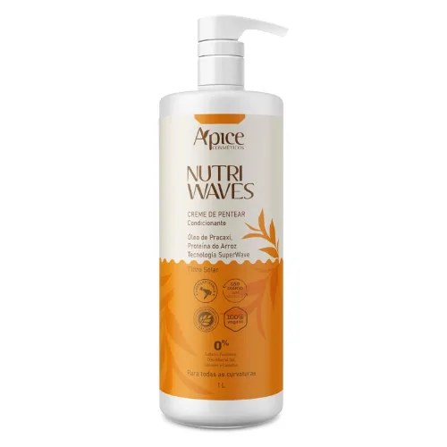 Pote cilíndrico grande de creme para pentear com rótulo laranja e pump branco