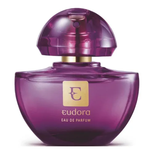 Perfume feminino brasileiro com frasco pequeno e achatado lilás com tampa lilás