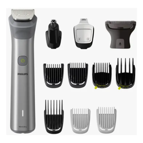Aparador de barba pequeno e cinza com 10 acessórios