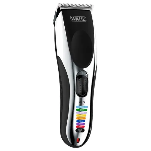 Máquina de cortar cabelo preto e prata com pentes coloridos